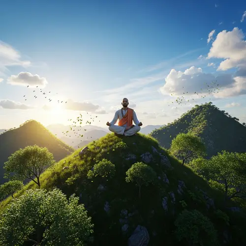 High-Resolution 3D Image of South Asian Male Meditating on Green Mountain