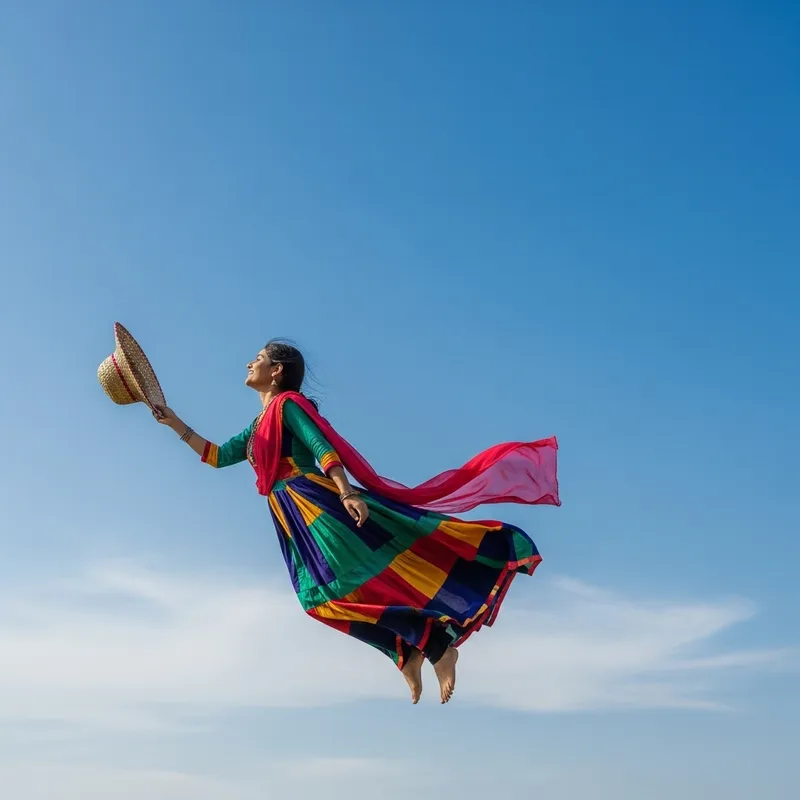 Girl Flying in Sky with Hat | Dramatic Sky Scene