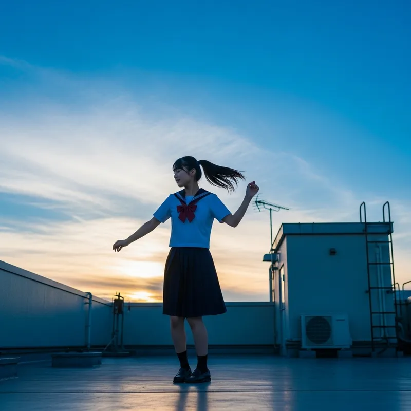 Sweet Japanese Girl Dancing in School Uniform on Rooftop Sweet Japanese Girl Dancing in School Uniform on Rooftop