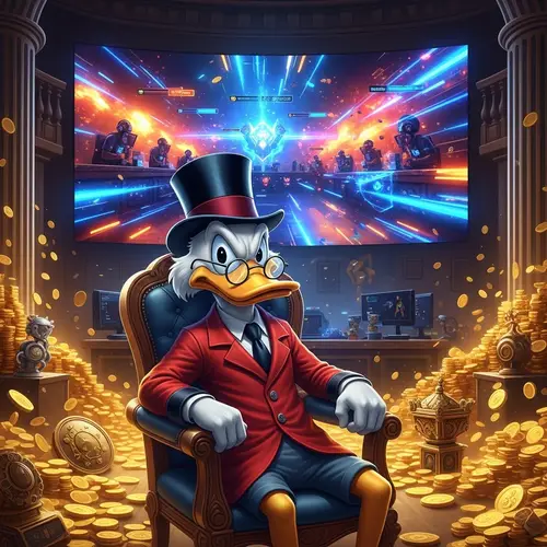 Glimmering Gold Coins and Anthropomorphic Duck Tycoon in Stylish Red Jacket