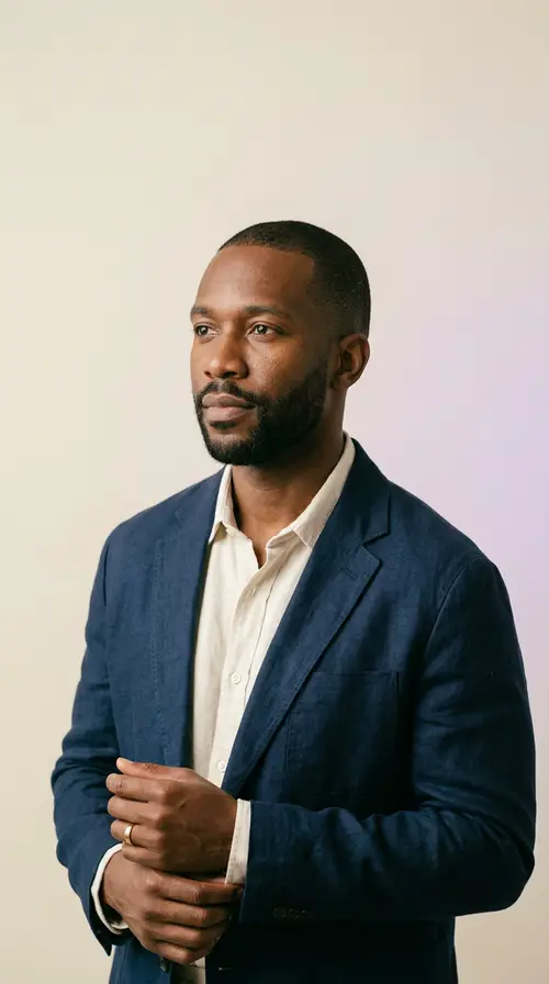 Elegant Black Man Portrait in Midnight Blue Blazer