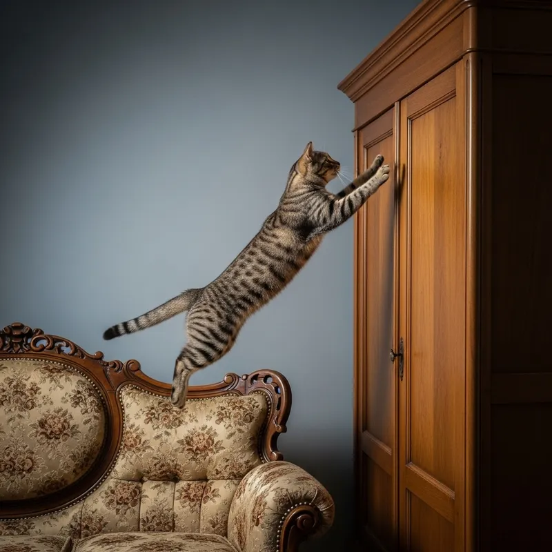 Feline Mid-Leap to Vintage Wardrobe | Cinematic HD Image