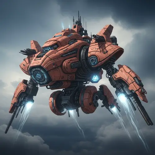 Flying Apocalypse Machine in Terra Cotta Color Soaring Amid Clouds