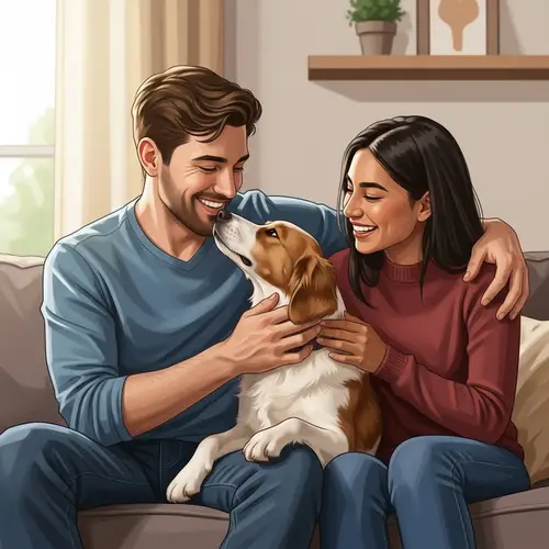 Heartwarming Living Room Scene with Man, Woman, and Dog