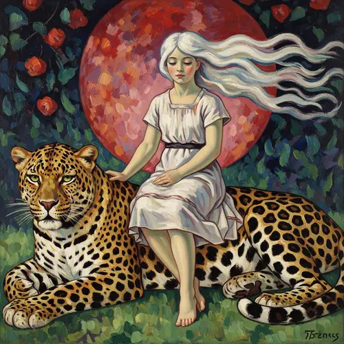 White-Haired Girl Sitting on Leopard in Oscar Kokoshka Style