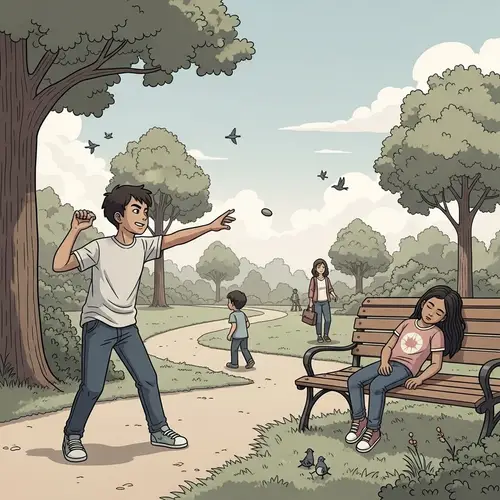 Tranquil Park Scene Illustration with Teen Boy and Napping Girl