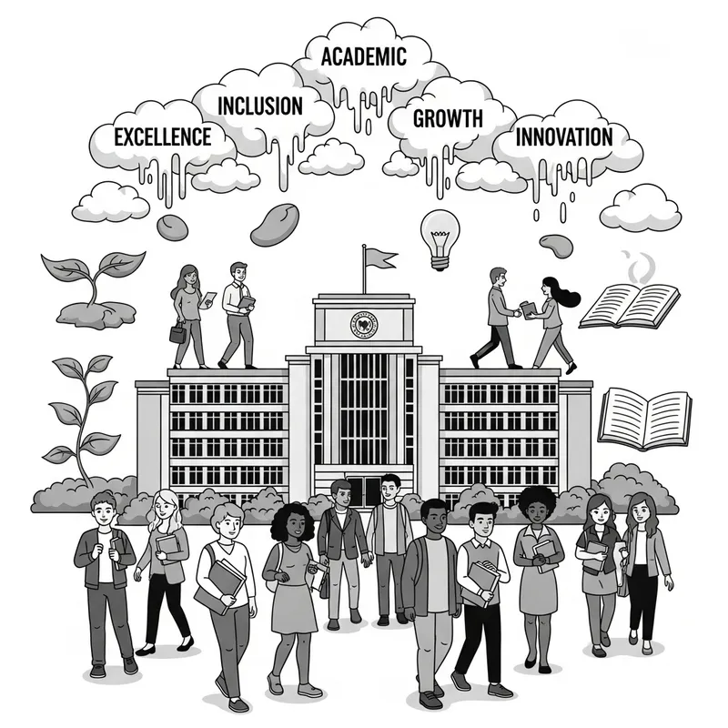 Monochrome University Building Poster | Academic Excellence, Inclusion, Growth