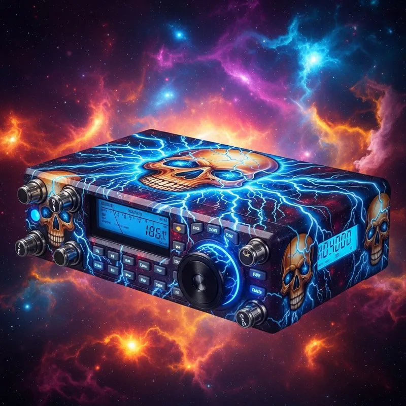 Vibrant Ham Radio with Skulls and Lightning Art