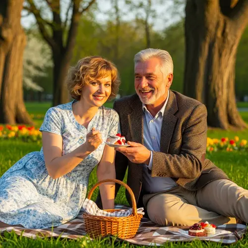 Beautiful Sunset Park Scene with Caucasian Parent Couple Sharing a Dessert