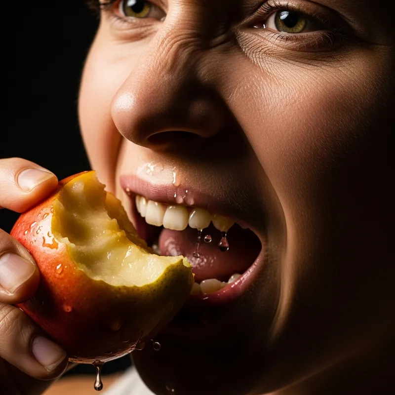 Triumphant Success: Determined Individual Biting Fruit with Dramatic Lighting and High Contrast