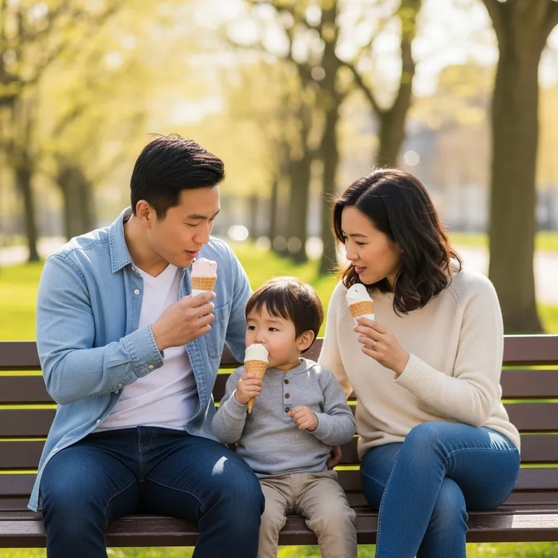 Heartwarming Family Moment: Father, Mother, and Son Enjoy Ice-Cream in Peaceful Park
