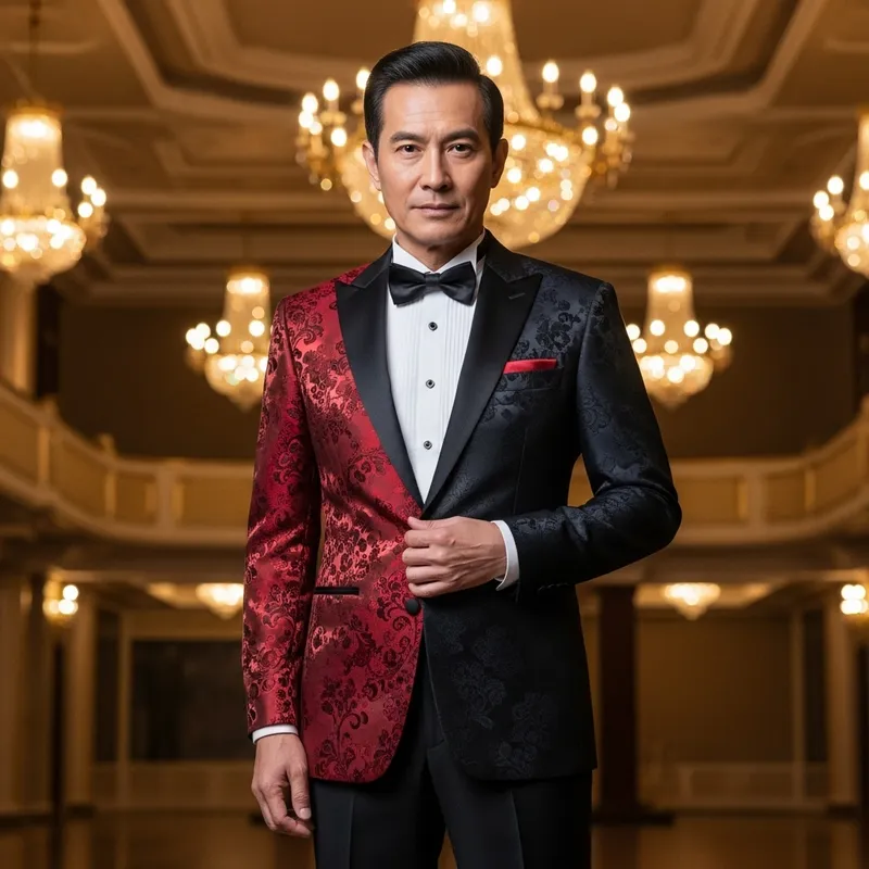 Regal Asian Man in Black and Red Tuxedo - Grace and Authority