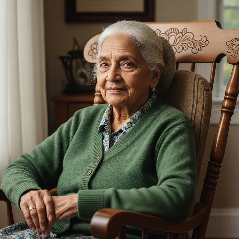 Serene Elderly Woman in Green Sweater on Rocking Chair