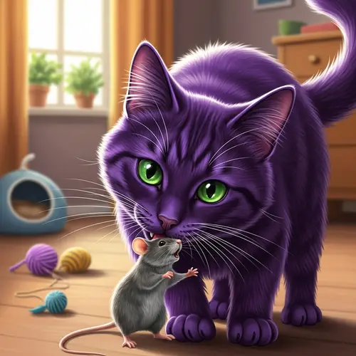 Vibrant Purple Cat Playfully Nibbling on Stunned Mouse