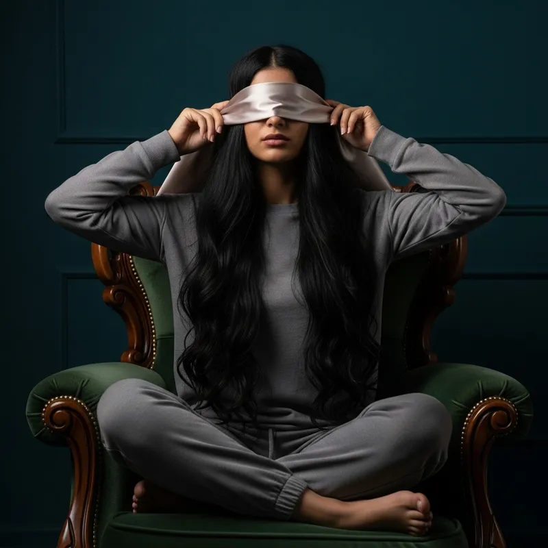 Girl Sitting on Armchair with Covered Eyes