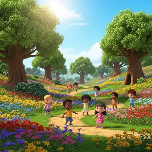 Enchanting 3D Cartoon Garden for Playful Children
