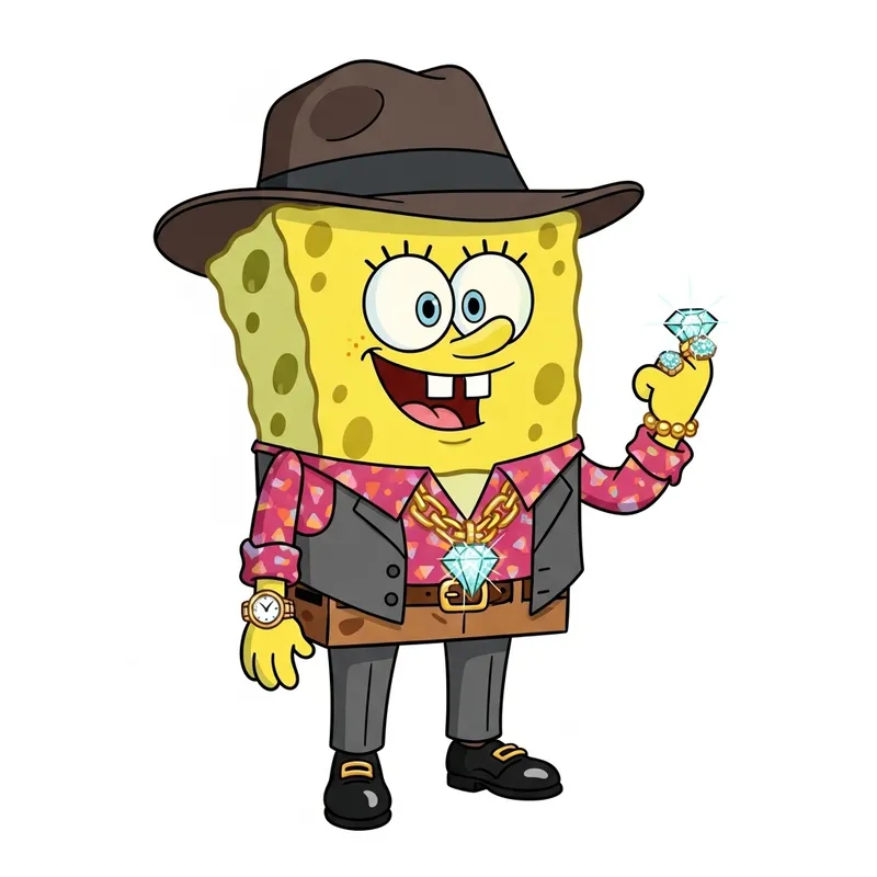 SpongeBob Dressed as Gangster with Expensive Brands and Diamonds