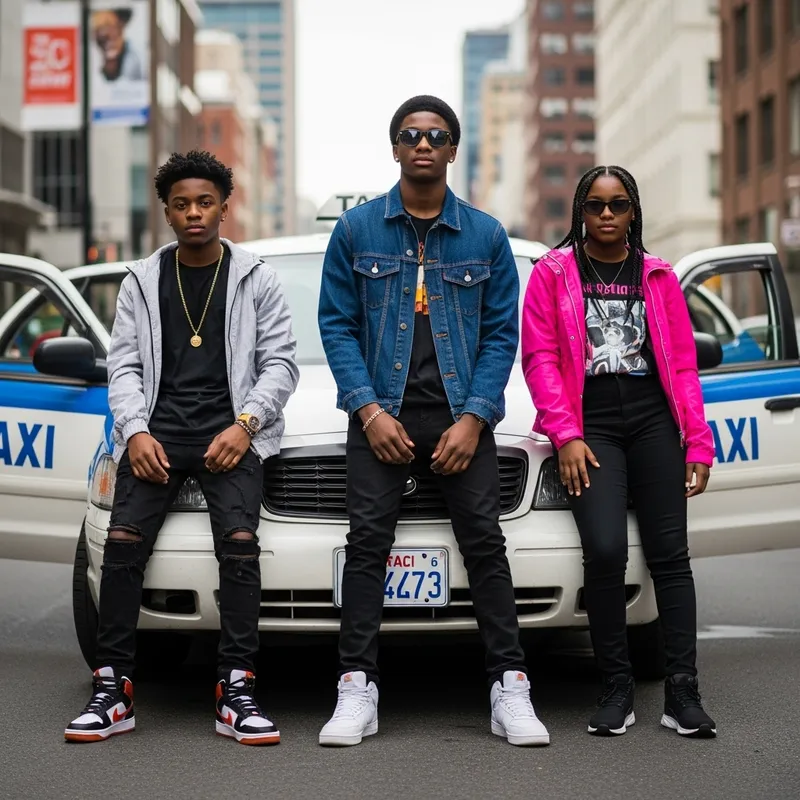 Urban Teenage Fashion: Stylish Black Kids Pose by White and Blue Taxi