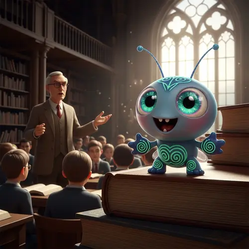 Delightfully Fantastical Miniature Creature in Academic Setting