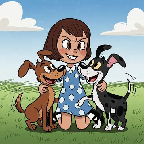 Vintage Style Animated Cartoon of Young Girl with Two Dogs