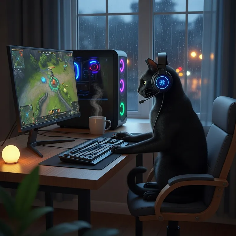 Black Cat Playing Dota 2 at Dusk, Rainy Evening Scene