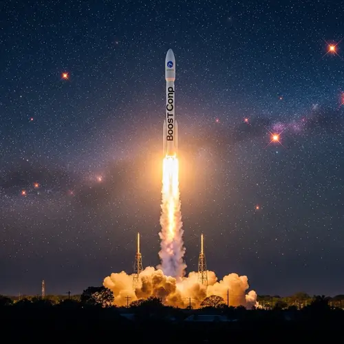 BoostComp Rocket Blasting Off into Vibrant Evening Sky