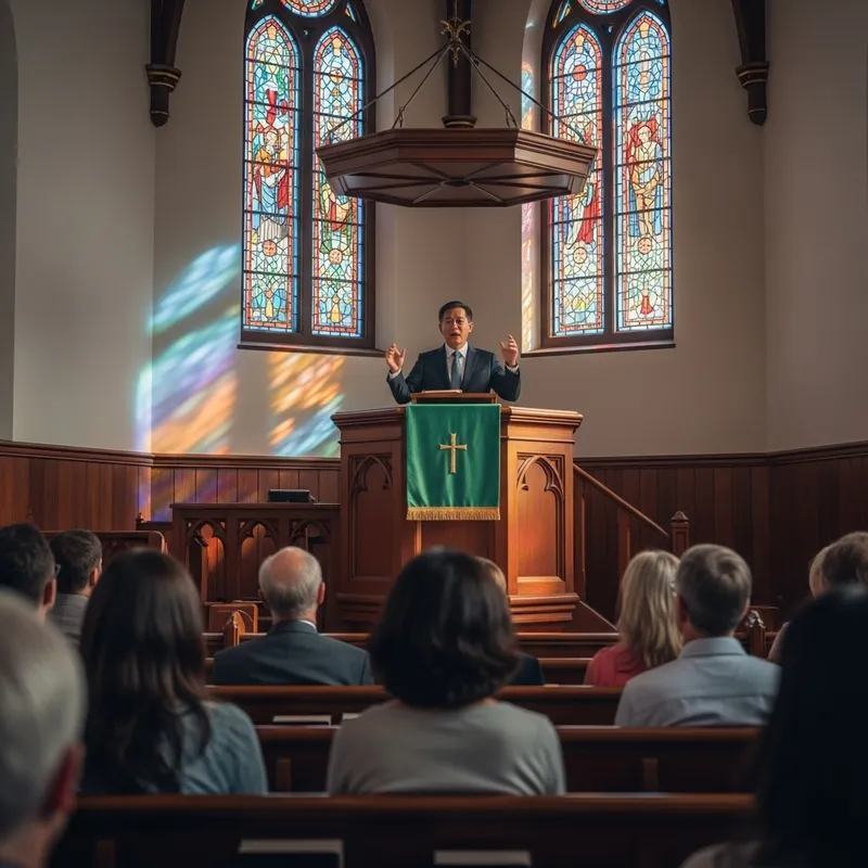 Preaching Scene in Peaceful Church | Vibrant Gestures Captivate Audience