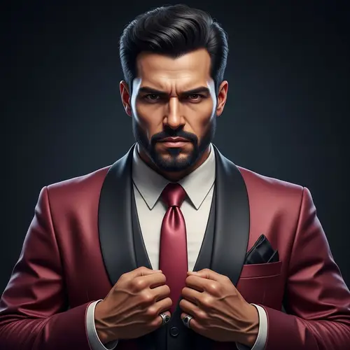 Confident Hispanic Leo Man in Luxurious Rose Red & Black Velvet Suit