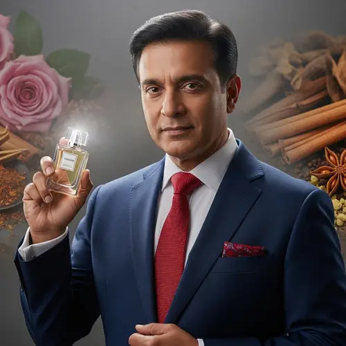 Luxury Men's Perfume Model in Navy Suit | Elegant Fragrance Promotion