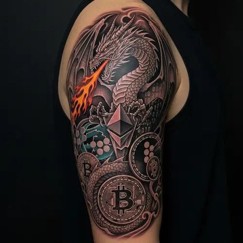 Intricate Dragon and Cryptocurrency Tattoo Design for Deltoid Area
