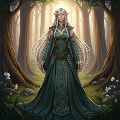 Enchanting Female Elf Illustration in Ancient Forest