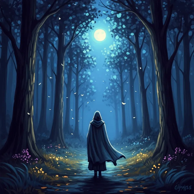 Enigmatic Figure in Enchanted Forest: Impressionism Art Enigmatic Figure in Enchanted Forest: Impressionism Art