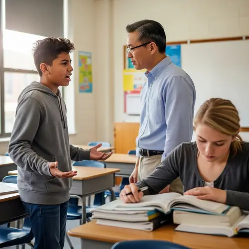 Frustrated Boy Complains to Professor in Classroom Scene