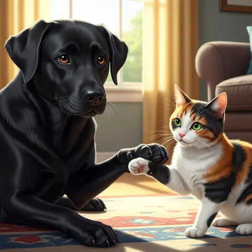 Playful Dog and Cat Interactions in a Sunlit Living Room