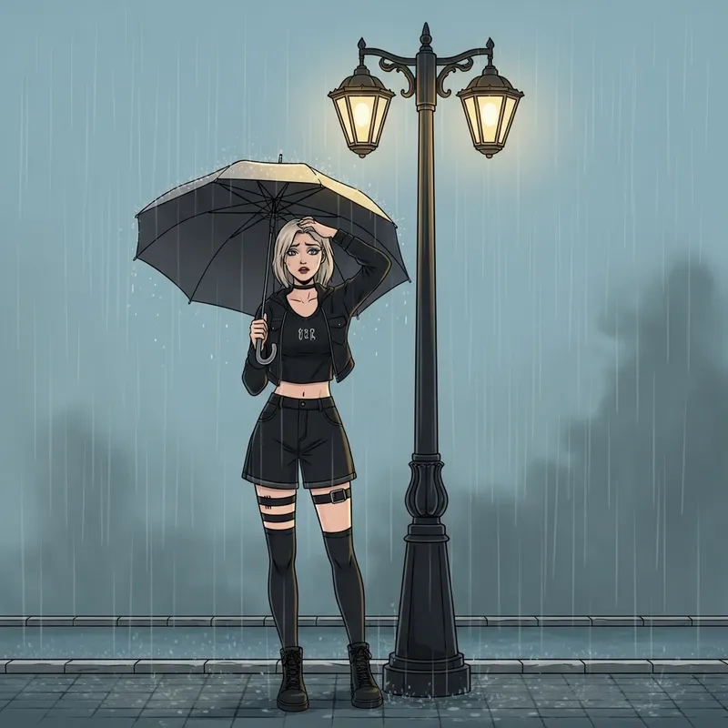 Sad Taylor Swift in Rainy Urban Street Scene