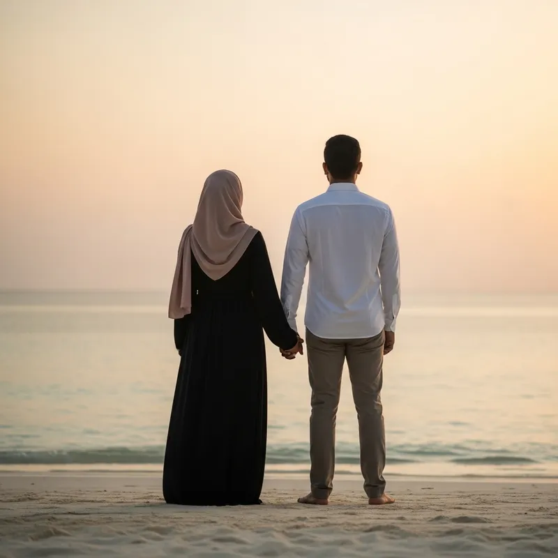 Serenity at Sunset: Muslim Couple in Hijab on Maldives Beach