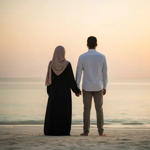 Serene Unity: Middle Eastern Muslim Couple on Maldivian Beach