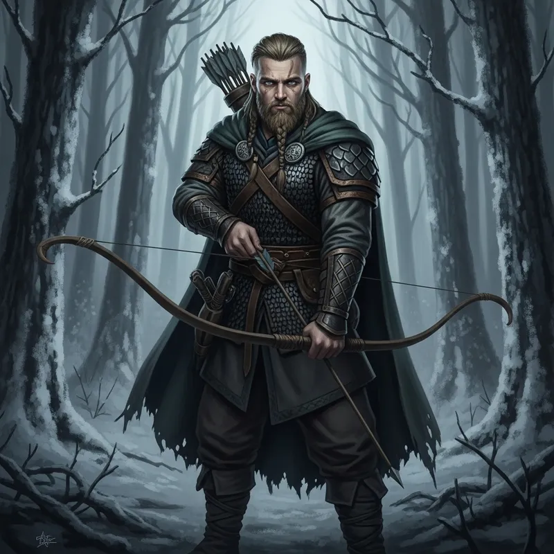 Bearded Viking D&D Hunter Art in Winter Forest