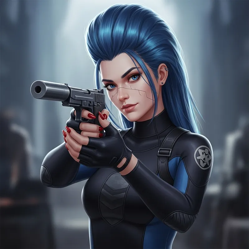 Bold Blue-Haired Character in Wetsuit with Silenced Pistol