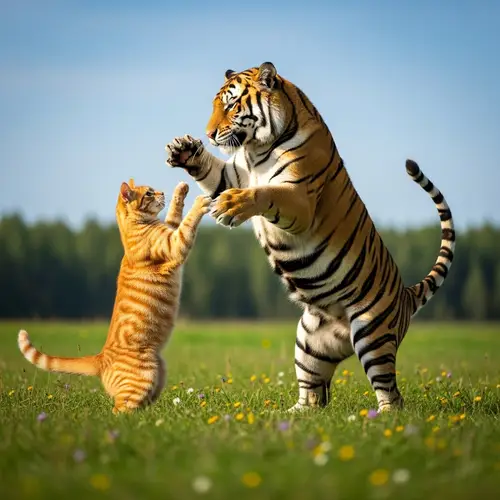 Tabby Cat Playing with Majestic Tiger | Serene Meadow Scene