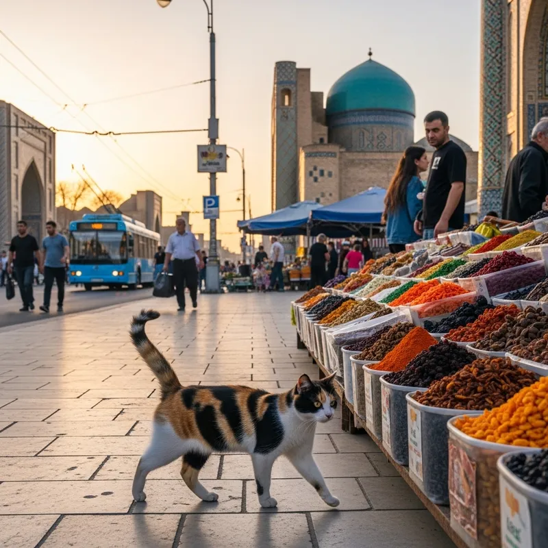 Cute Cat Walking in Vibrant Tashkent Streets | Playful Charm