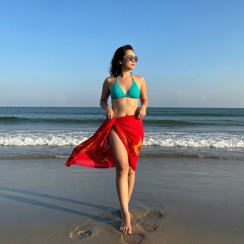 Draw an Indonesian Woman in Turquoise Bikini on Sunny Beach Draw an Indonesian Woman in Turquoise Bikini on Sunny Beach