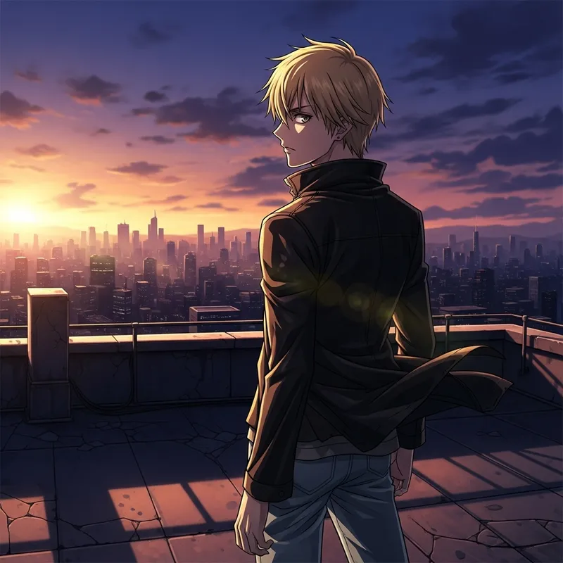 Anime Style Illustration of Short-Haired Blond Man on Roof