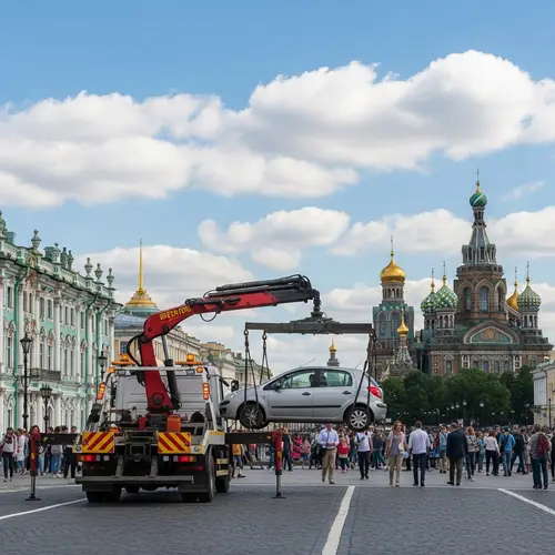 Heavy-Duty Tow Truck Hoisting Silver Car in St. Petersburg City