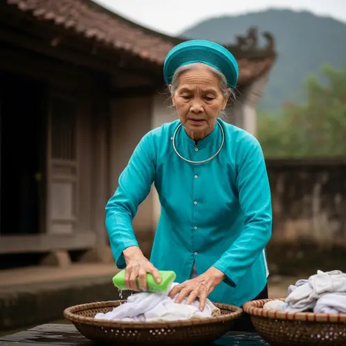 Elderly Vietnamese Woman Doing Laundry in Traditional Attire