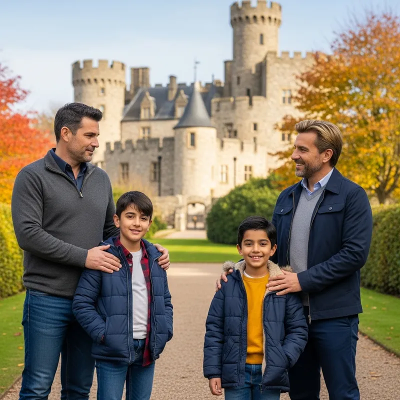 Modern Autumn Family Portrait | Diverse Multicultural Men & Sons at Antique Castle