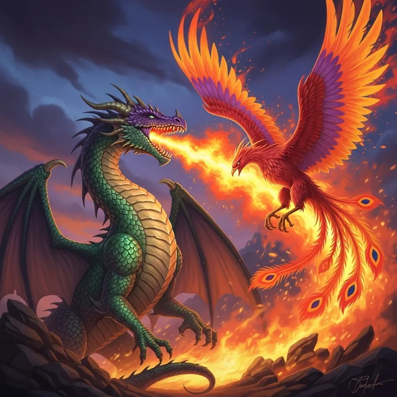 Majestic Purple Dragon and Phoenix Artwork