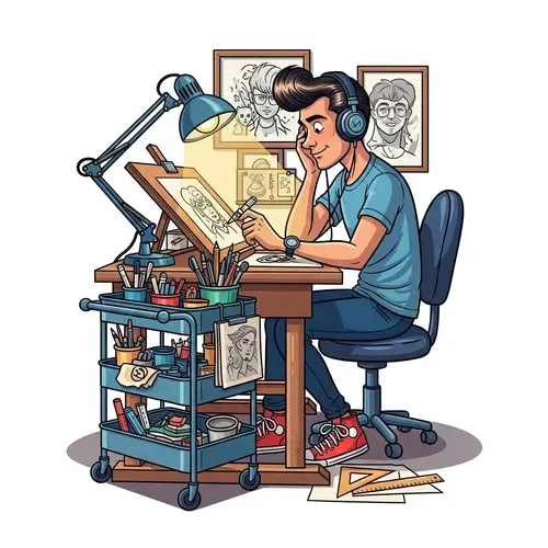Illustration of a Cartoonist at Drawing Table | Artistic Environment