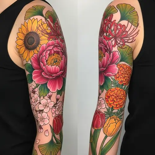 Vibrant Floral Tattoo with Peony, Sunflower, Lily Spider & More