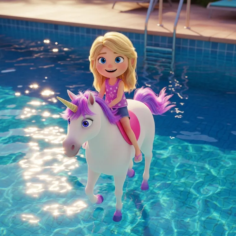 Magical 3D Image: Blonde Girl on Unicorn by Sunny Poolside